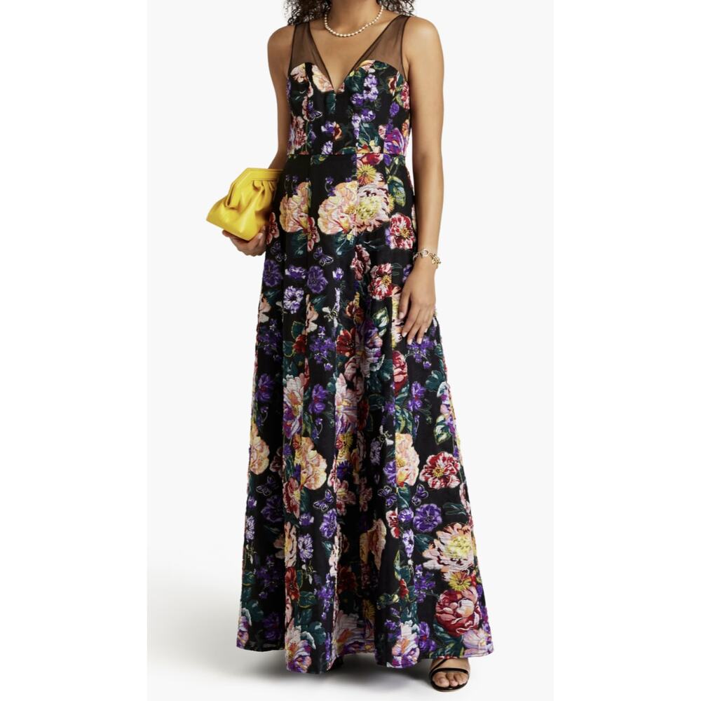 Marchesa Notte Tulle-Trimmed Floral Jacquard Gown
